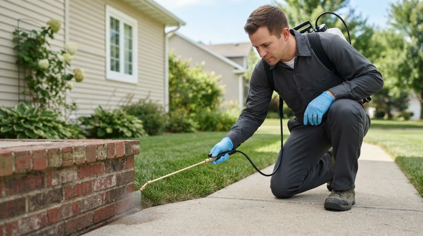 Pest control technician treating a home near Claremont, IL