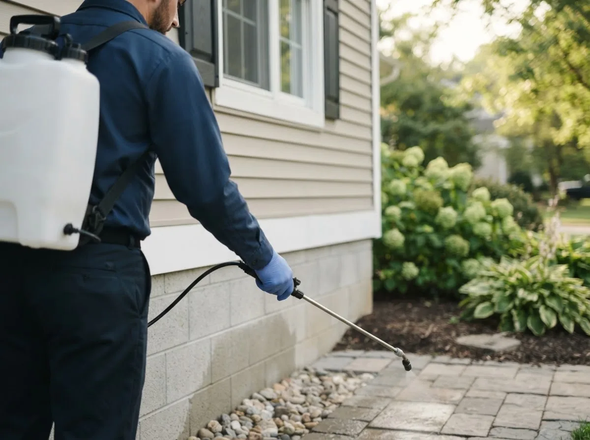 Pest control technician inspecting a home in Claremont, IL
